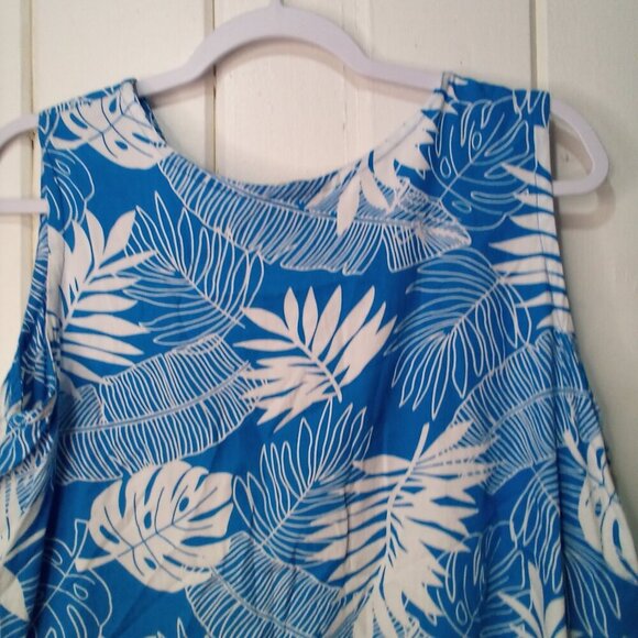 Makai Beach Hawaii Shirt Blouse Women L Sleeveless Tropical Leaves Blue White - Picture 13 of 16